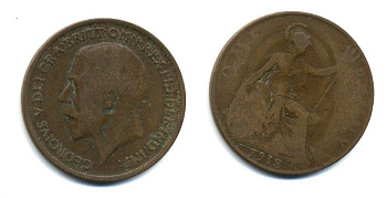 Великобритания 1 пенни 1918 Георг V (1910-1936) КМ 810, Spink 4051 бронза 47-145