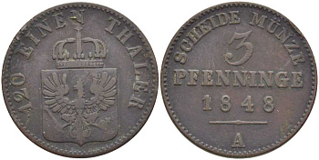 ПРУССИЯ 3 ПФЕННИГА 1848 А, ФРИДРИХ ВИЛЬГЕЛЬМ (1840-1861) KM 453 медь 117-154