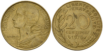 Франция 20 сантимов 1976 тип Marianne KM 930 алюминиевая бронза 4393-224