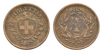Швейцария 1 раппен 1937 B KM 3 бронза 4630-268