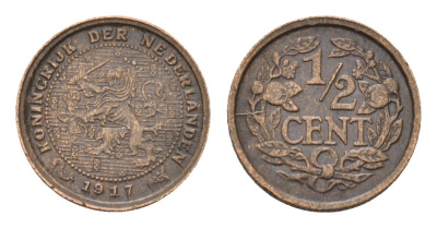 Нидерланды 1/2 цента 1917 Вильгельмина (1890-1948) KM 138 бронза 4674-1068