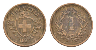 Швейцария 1 раппен 1937 B KM 3 бронза 4630-268