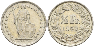 Швейцария 1/2 франка 1962 B KM 23 серебро 4608-521