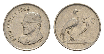 ЮАР 5 центов 1968 Окончание президентства Чарльза Сварта, Suid Africa, легенда на африкаанс KM 76.2 никель 4602-954