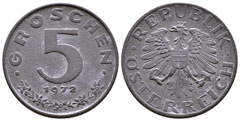 АВСТРИЯ 5 ГРОШЕЙ 1972 КМ 2875 цинк 4379-766