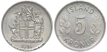 Исландия 5 крон 1974 KM 18 медно-никель 4588-666