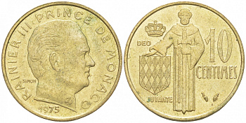 Монако 10 сантимов 1975 Ренье III (1949-2005) KM 142 алюминиевая бронза 73-152