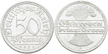 ГЕРМАНИЯ 50 ПФЕННИГОВ 1921 A KM 27, J. 301 алюминий 77-537