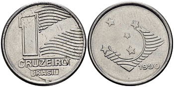 Бразилия 1 крузейро 1990 KM 617 нержавеющая сталь 4516-522