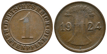 Германия 1 рентенпфенниг 1924 F KM 30, J. 306 бронза 4380-1049
