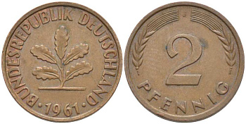 ФРГ 2 ПФЕННИГА 1961 J KM 106, J. 381 бронза 116-316
