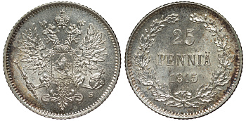 Россия для Финляндии 25 пенни 1915 S, Николай II (1894-1917) KM 6.2, Биткин 420 серебро 75-1167