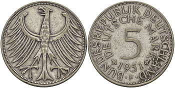 ФРГ 5 марок 1951 F J. 387, KM 112.1 серебро 97-812