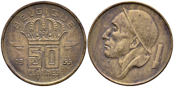 БЕЛЬГИЯ 50 САНТИМОВ 1955 BELGIQUE KM 144 бронза 4392-813