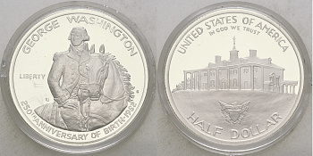 США 1/2 доллара 1982 s, 250 лет со дня рождения Джорджа Вашингтона, в оригинальной упаковке, капсула KM 208 серебро PROOF 3-4-1-7