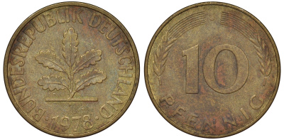 ФРГ 10 пфеннигов 1978 J KM 108, J. 383 сталь плакированная латунью 62-345