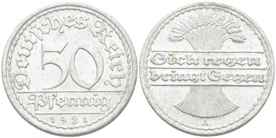 ГЕРМАНИЯ 50 ПФЕННИГОВ 1921 A KM 27, J. 301 алюминий 77-537