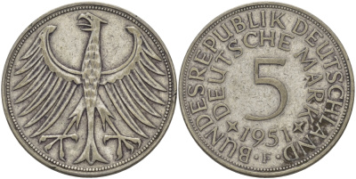 ФРГ 5 марок 1951 F J. 387, KM 112.1 серебро 97-812