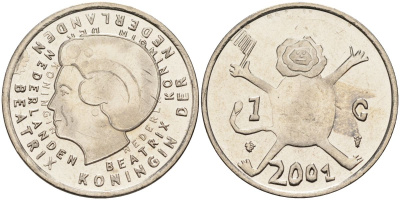 Нидерланды 1 гульден 2001 прощай гульден, детский рисунок, лев с флагом в руках KM 233 никель UNC 4116-117