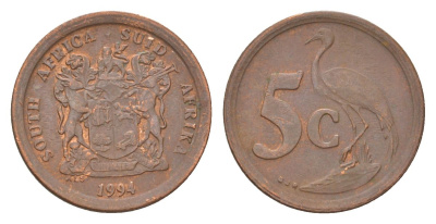 ЮАР 5 центов 1994 герб, райский журавль KM 134 сталь плакированная медью 4627-214