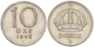 Швеция 10 эре 1945 G, Густав V (1907-1950) KM 813 серебро 4147-848
