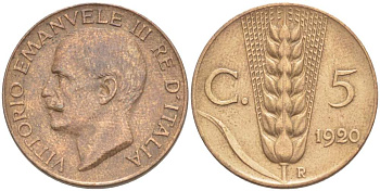 ИТАЛИЯ 5 ЧЕНТЕЗИМО 1920 R, МОНДВОР РИМ, ВИКТОР ЭММАНУИЛ III (1900-1946) KM 59 медь 4525-133