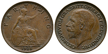 Великобритания 1 фартинг 1928 Георг V (1910-1936) KM 825, Spink 4061 бронза 51-541