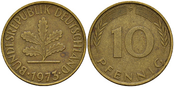ФРГ 10 пфеннигов 1973 F J. 383, KM 108 сталь плакированная латунью    4603-417