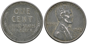США 1 цент 1943 Авраам Линкольн KM 132 a сталь покрытая цинком 214-419