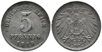 ГЕРМАНИЯ 5 ПФЕННИГОВ 1919 D KM 19, J. 297 железо 39-261