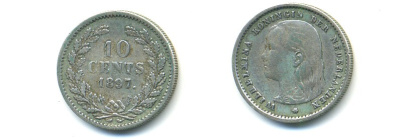 НИДЕРЛАНДЫ 10 ЦЕНТОВ 1897 KM 116 серебро 84-925