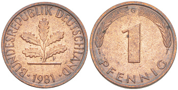 ФРГ 1 ПФЕННИГ 1981 G KM 105, J. 380 сталь плакированная медью 4181-644