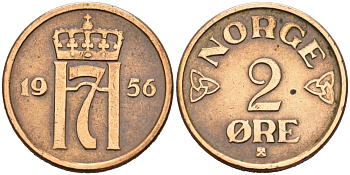 Норвегия 2 эре 1956 Хокон VII (1905-1957) KM 399 бронза 4571-353