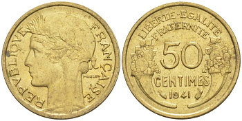 ФРАНЦИЯ 50 САНТИМОВ 1941 ТИП MORLON KM 894.1, LE FRANC 192.18 алюминиевая бронза 44-557