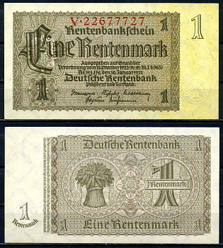 Германия 1 рентенмарка 1937 30 января 1937, серия V, номер 8-значный Pick 173, Розенберг 166b бумага аUNC 3295-28-1-2