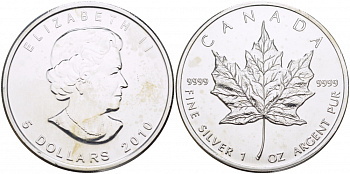 Канада 5 долларов 2010 кленовый лист KM 625 серебро UNC 1082-2-64