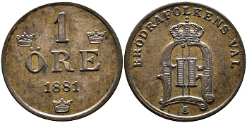 Швеция 1 эре 1881 Оскар II (1872-1907) король Швеции и Норвегии KM 750 бронза 84-954