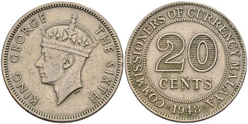 Британская Малайя 20 центов 1948 Георг VI (1937-1952) KM 9 медно-никель 4153-532