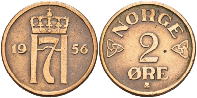 Норвегия 2 эре 1956 Хокон VII (1905-1957) KM 399 бронза 4571-353