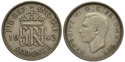 Великобритания 6 пенсов 1942 Георг VI (1936-1952) KM 852, Spink 4084 серебро 4538-513