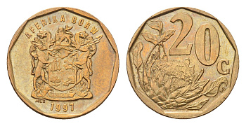 ЮАР 20 центов 1997 герб, цветок протея KM 162 сталь плакированная латунью UNC 4694-854