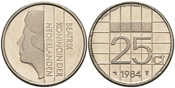 Нидерланды 25 центов 1984 Беатрикс (1980-2013) KM 204 никель UNC 4588-854