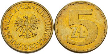 ПОЛЬША 5 ЗЛОТЫХ 1980 MW KM 81.1 латунь UNC 89-735