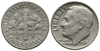 США 10 ЦЕНТОВ = 1 ДАЙМ 1972 РУЗВЕЛЬТ KM 195а медь плакированная медно-никелем 73-647