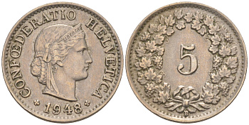 ШВЕЙЦАРИЯ 5 РАППЕНОВ 1948 B KM 26 медно-никель 188-359