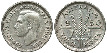 Австралия 3 пенса 1950 m, Георг VI (1937-1952), без букв KM 44 серебро 71-238