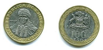 Чили 100 песо 2010 индейцы Мапуче KM 236 биметалл 41-112