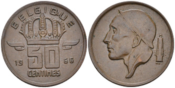 Бельгия 50 сантимов 1966 BELGIQUE KM 148 бронза 4594-356