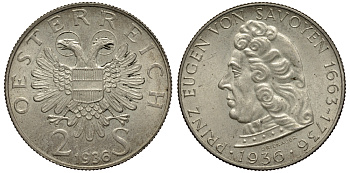 Австрия 2 шиллинга 1936 200 лет со дня смерти принца Евгения Савойского KM 2858 серебро 413-5134