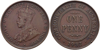 АВСТРАЛИЯ 1 ПЕННИ 1932 ГЕОРГ V KM 23 бронза 82-731